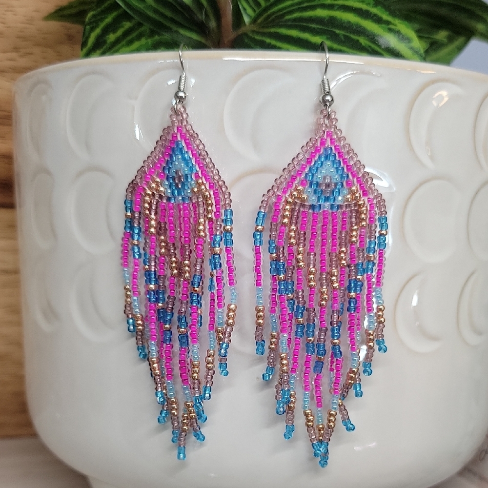 Bohemian Beaded Fringe Earrings - Pink, Blue, Gold - Picture 6 of 7
